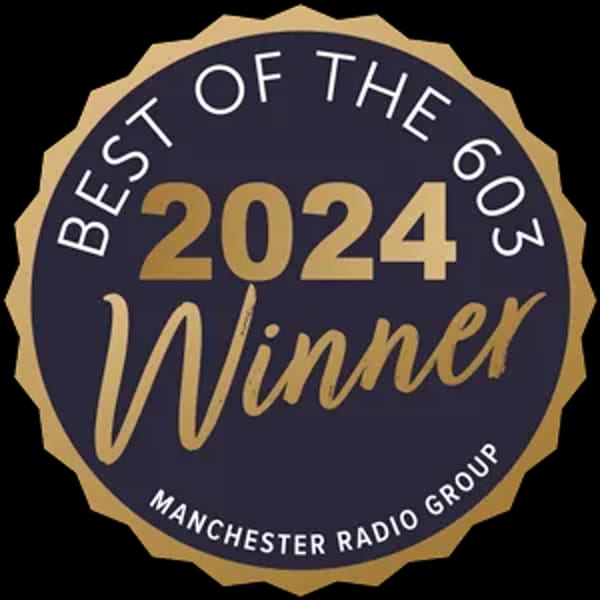 Gold and dark blue "Best of the 603 2024 Winner Manchester Radio Group" award seal.