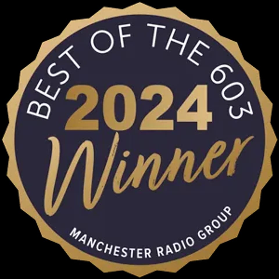 Gold and dark blue "Best of the 603 2024 Winner Manchester Radio Group" award seal.
